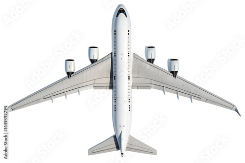 Commercial Airliner Top-Down View – Wide-Body Jet with Twin Engines and Clean Design Isolated on Transparent Background