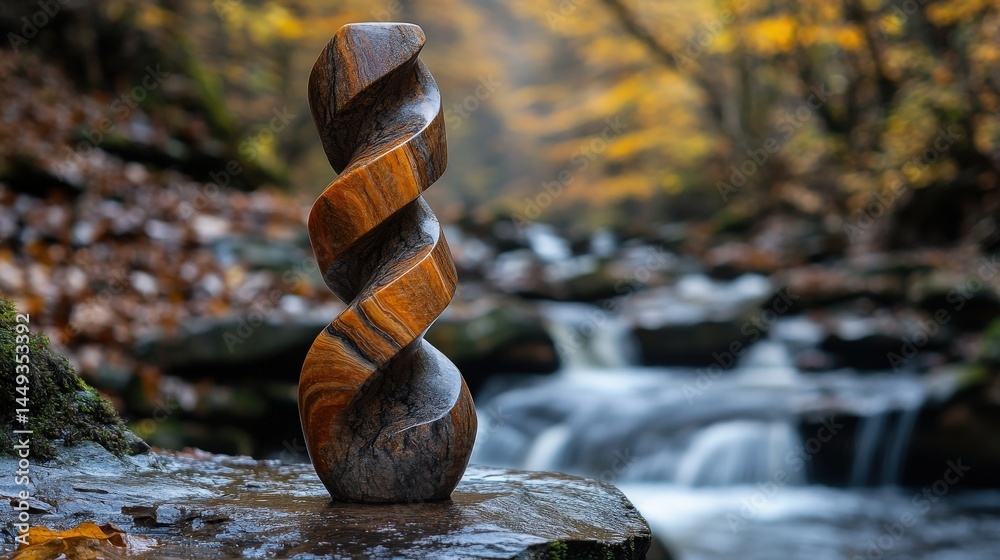 Intricate wooden spiral sculpture nestled in natural setting.