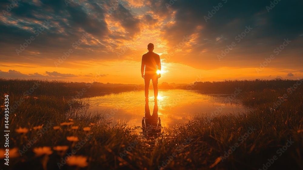Silhouette of person at golden hour over tranquil waters.