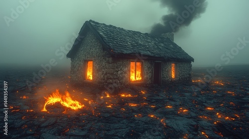 Obraz na płótnie Burning stone cottage in a desolate landscape. w salonie