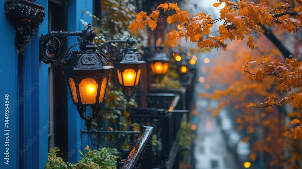 Autumnal city street scene with lit antique lamps.