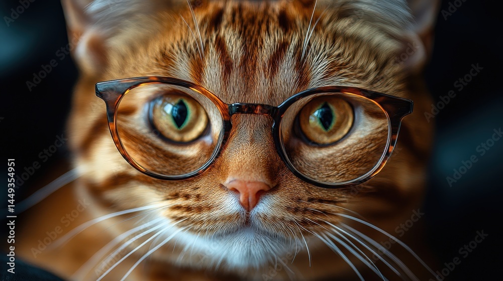 Close-up portrait of a ginger cat wearing spectacles.