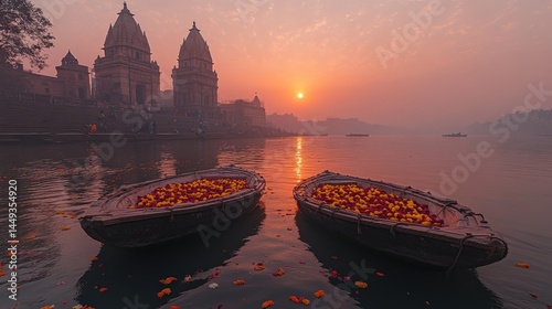 Sunrise over religious structures reflecting on a tranquil river.