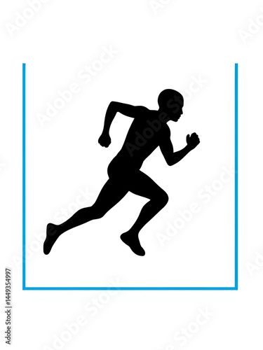 Black silhouette of a human figure in a dynamic running pose, enclosed in a square with a thin blue border. Ideal for fitness, sports, health, activity, movement, motivation, and agility themes