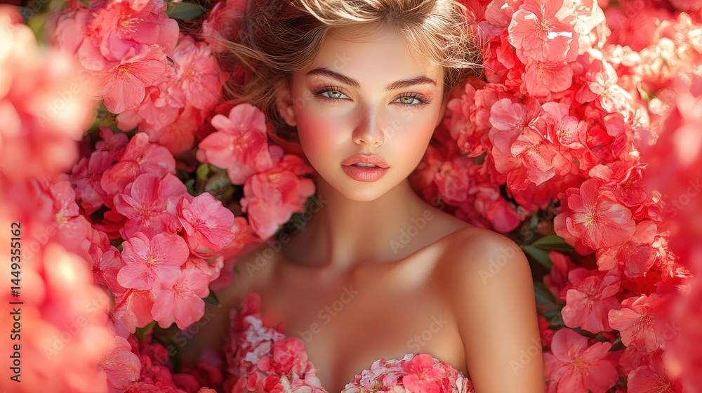 A beautiful young woman surrounded by vibrant pink flowers.