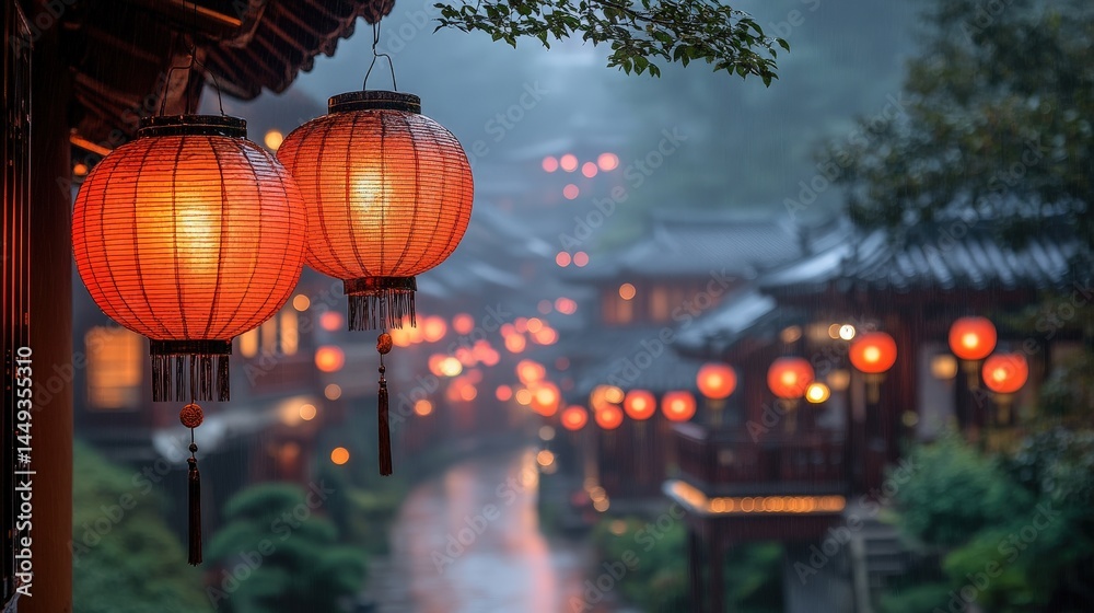 Blurred cityscape view of lanterns hanging over a canal.