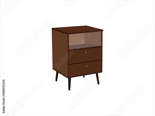 Modern Wooden Nightstand with Two Drawers and Open Shelf, Minimalist Bedside Table for Bedroom Storage, Contemporary Furniture Isolated on White Background Illustration

