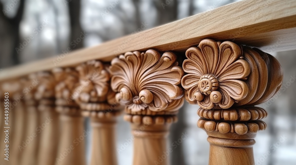Ornate wooden balustrade details with intricate carvings.