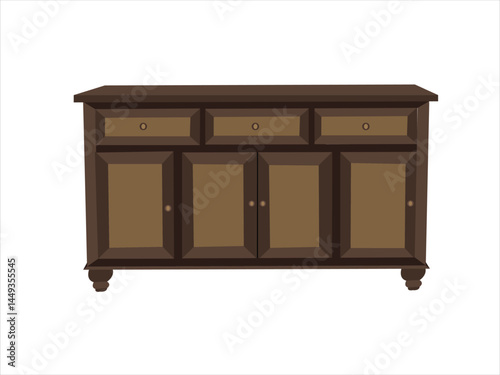 Classic Wooden Sideboard with Three Drawers and Four Cabinet Doors, Traditional Storage Buffet for Dining Room or Living Room, Isolated on White Background Illustration

