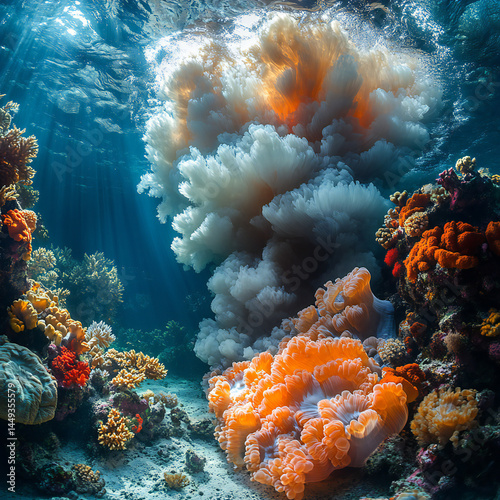 Underwater volcano with steam rising and a vibrant coral reef surrounding it