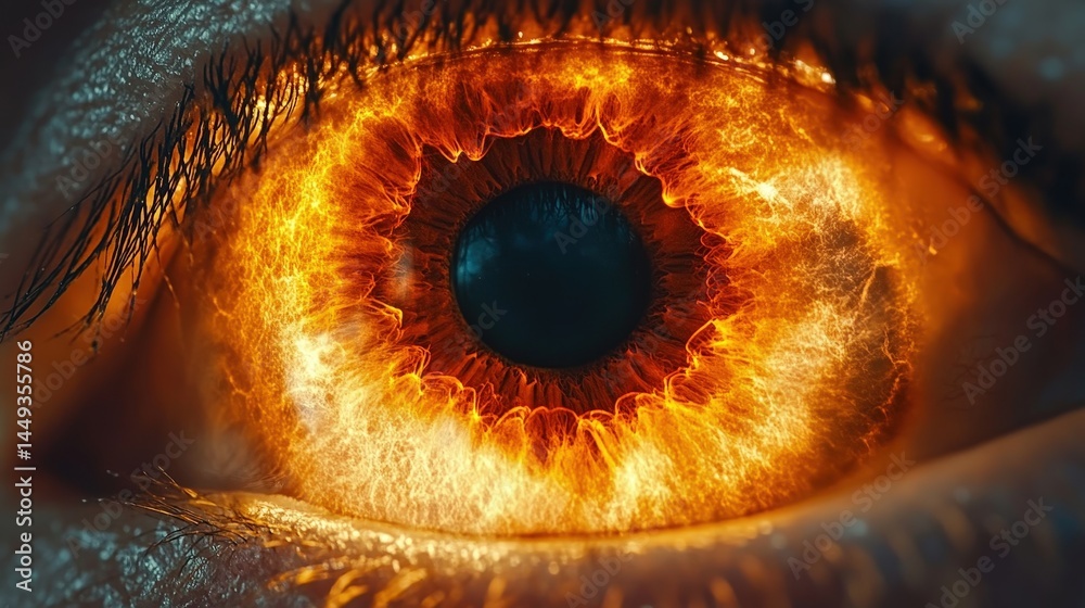 Close-up view of an eye with fiery orange pupils.