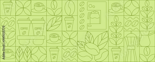 Geometric coffee and tea pattern in minimalist style. Abstract print background with simple shapes for coffee shop, food packaging, cafe wall, menu.