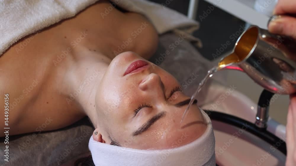 A woman is receiving a Japanese head spa treatment at a beauty salon. The therapist gently pours water, liquid onto her forehead to enhance relaxation of a scalp. Atmosphere promotes stress relief	