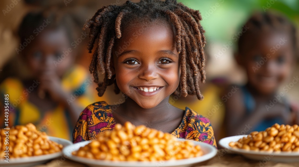 A joyful african child with food displays happiness.