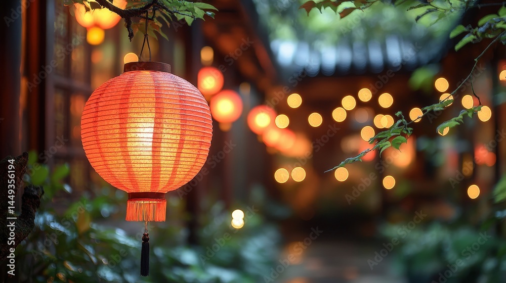 Asian courtyard scene illuminated by hanging lanterns.