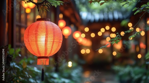 Obraz na płótnie Asian courtyard scene illuminated by hanging lanterns. w salonie