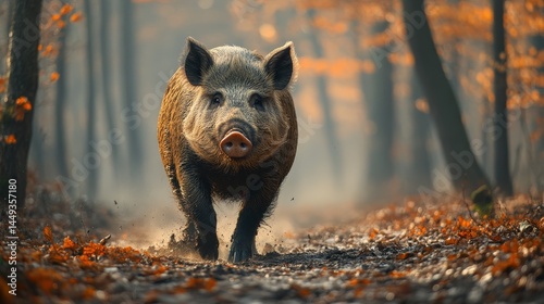 Wild boar strolls through autumnal forest path.