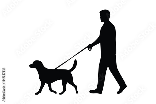 Silhouette of a man walking a dog on a leash