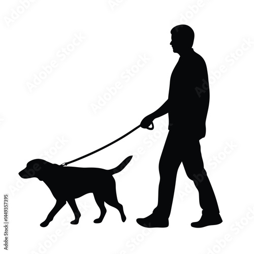 Silhouette of a man walking a dog on a leash