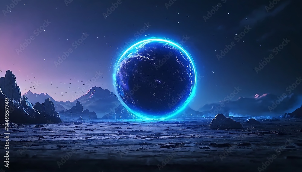 Alien planet with glowing sphere Alien planet with glowing sphere