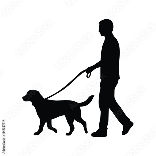 Silhouette of a man walking a dog on a leash
