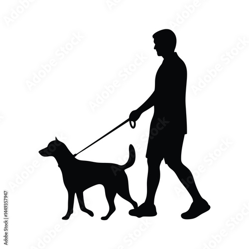Silhouette of a man walking a dog on a leash