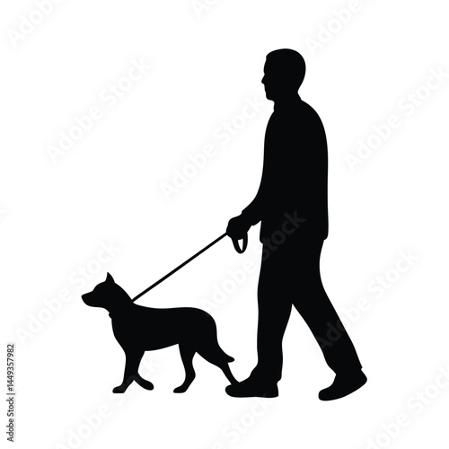 Silhouette of a man walking a dog on a leash