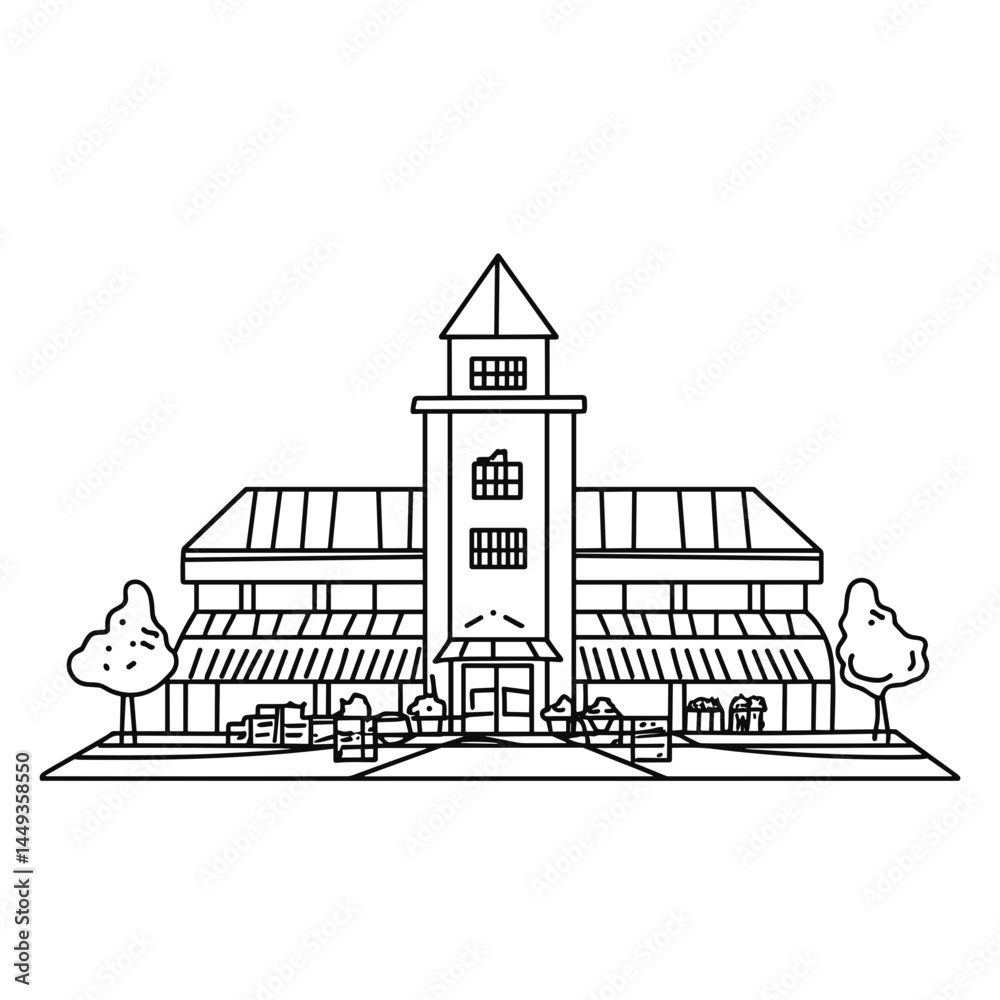 Fototapeta premium Shopping mall outline drawing with trees and outdoor elements 