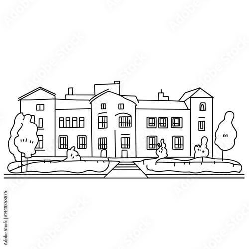 Line Drawing of a Sanatorium Surrounded by Trees and Gardens  