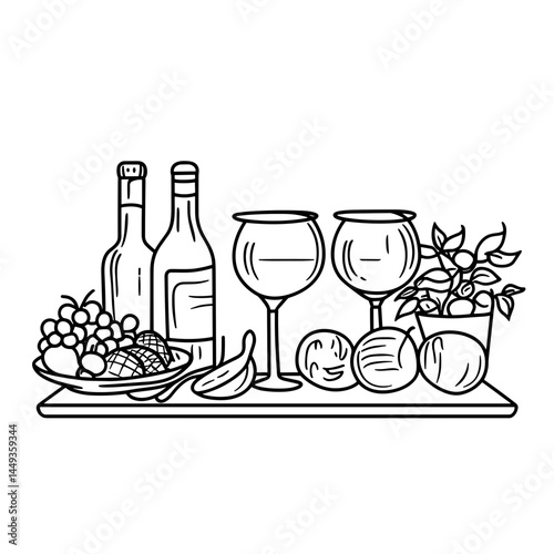 Restaurant drinks and fruits illustration on a wooden tray  
