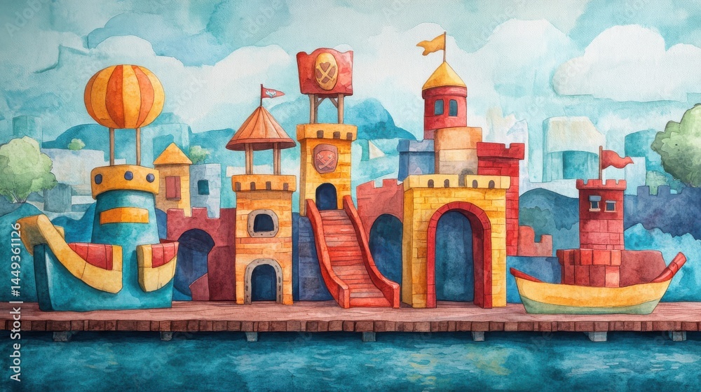 A whimsical watercolor illustration of a vibrant, playful harbor with colorful boats and castle-inspired buildings by the water. A whimsical watercolor illustration of a vibrant, playful harbor with colorful boats and castle-inspired buildings by the water.