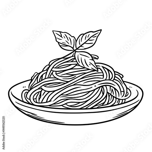 Hand-drawn spaghetti with basil on a plate  