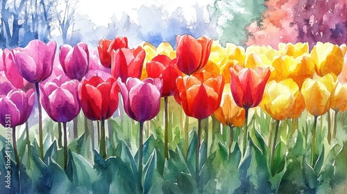 Vibrant watercolor painting of pink, red, and yellow tulips blooming in a garden with a soft, colorful background.