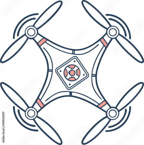 Minimalist drone vector top view. Quadcopter blue and red design. Modern UAV technology illustration.