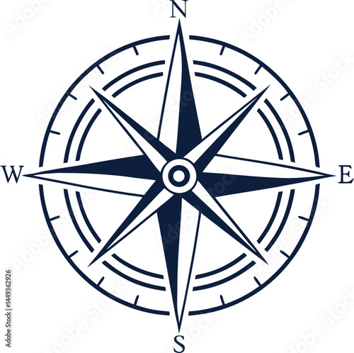 Classic compass rose digital illustration in navy blue. Navigation symbol with cardinal directions N, E, S, W. Monochromatic compass design for maps and travel.