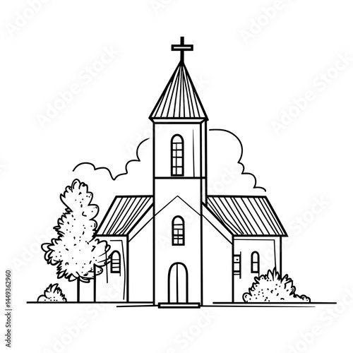 Orthodox Church Line Drawing Illustration Against Nature Background  