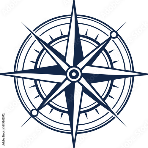 Intricate navy blue compass rose with geometric patterns. Eight-pointed directional symbol for exploration. Detailed navigation design with concentric rings.