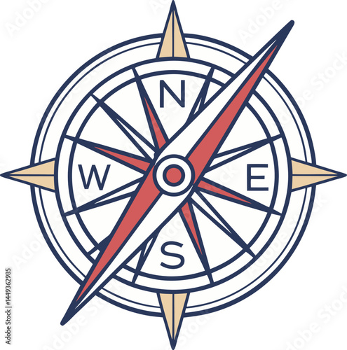 Stylized compass rose with red and blue needle. Nautical-themed directional symbol with cardinal letters. Classic geometric compass for maps and travel.