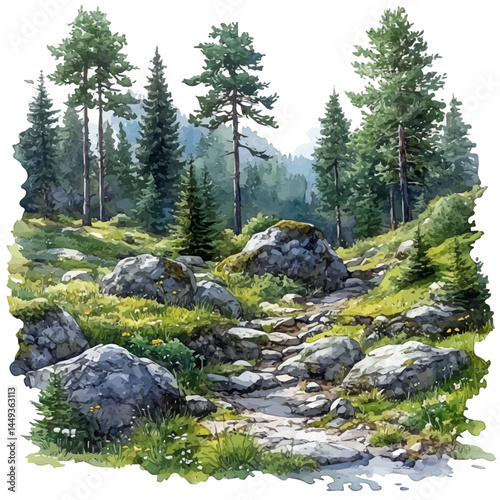 Prehistoric Forest Filled With Coniferous Trees, watercolor vector, isolated on a white background.