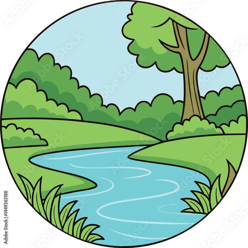 Circular cartoon nature landscape. Winding river with vibrant greenery. Peaceful countryside illustration.