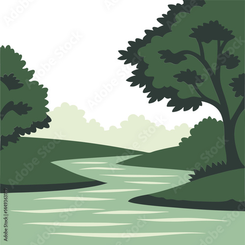 Minimalist vector nature landscape. Tranquil river scene with rolling hills. Serene greenery illustration.