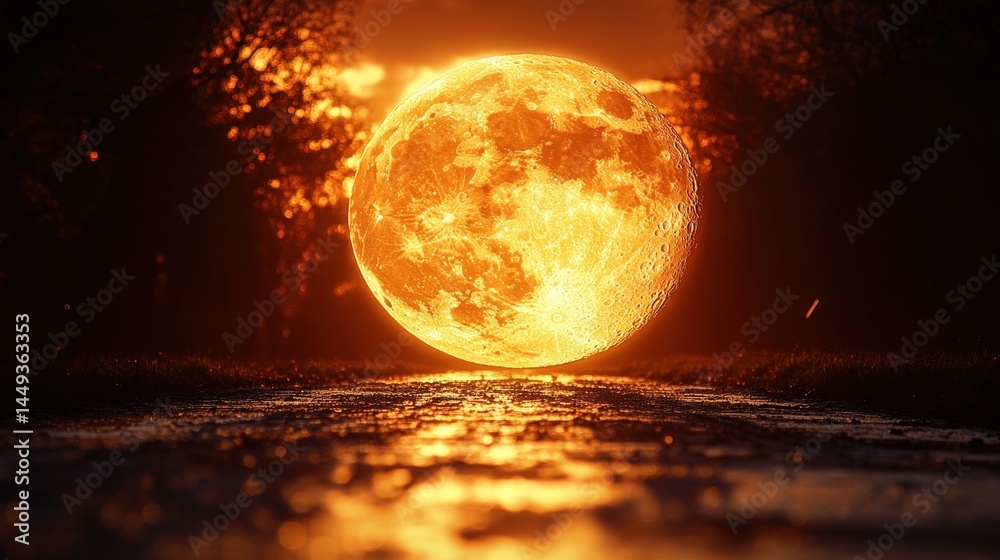 Fiery moon over a dark pathway at dawn.