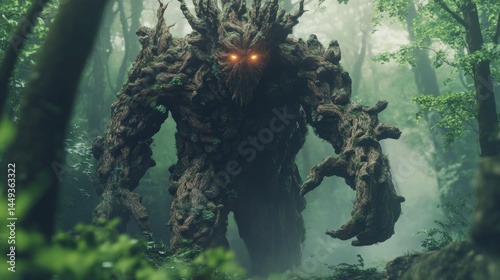 A towering treant, a giant tree-like creature with branches as arms and roots for legs, AI Generative.