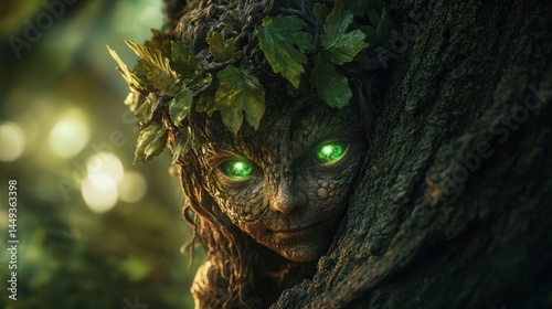 A portrait shot of a mischievous forest imp with glowing green eyes and a leafy crown, AI Generative.