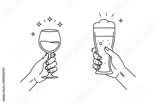 vintage style vector icon set of wine and beer glasses outline design illustrations