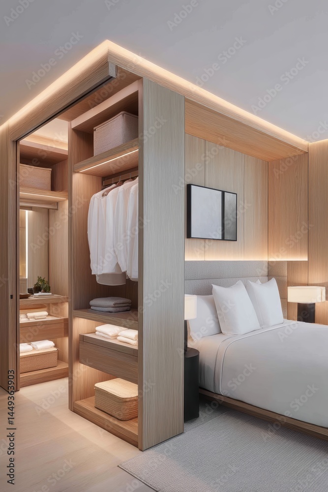 Spacious bedroom with walk-in closet, large bed and modern artwork - upscale high-end atmosphere trendy art
