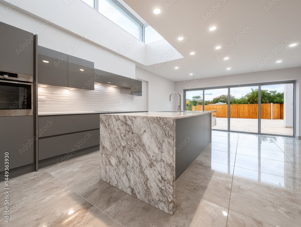 Spacious open-plan kitchen, integrated appliances, minimalist design, grey cabinetry, marble island - island elegant meal functional