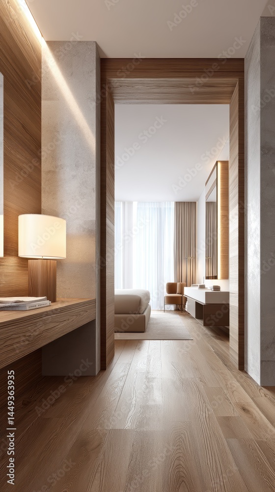 Spacious open-plan bedroom and bathroom, integrated design with natural light and wood accents - stylish uncluttered sleek organized