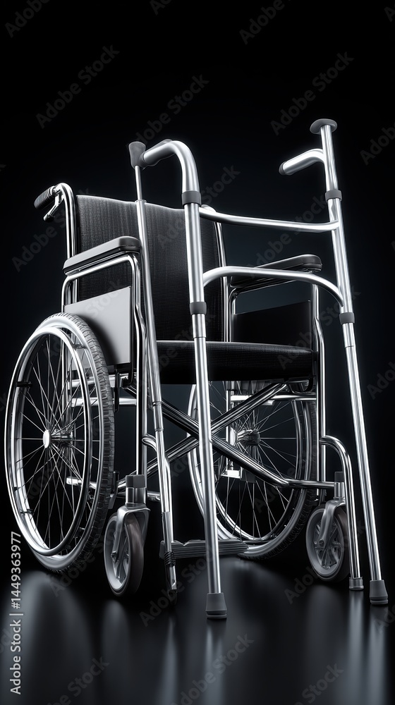 Studio shot of black wheelchair, metallic walker, and crutches; clean lines and sharp focus Ideal for design projects - adjustable mobility rehab healthcare