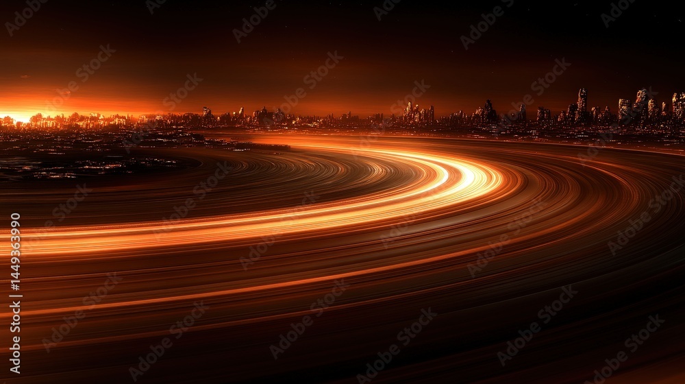 A swirling, orange path around a city at dusk.
